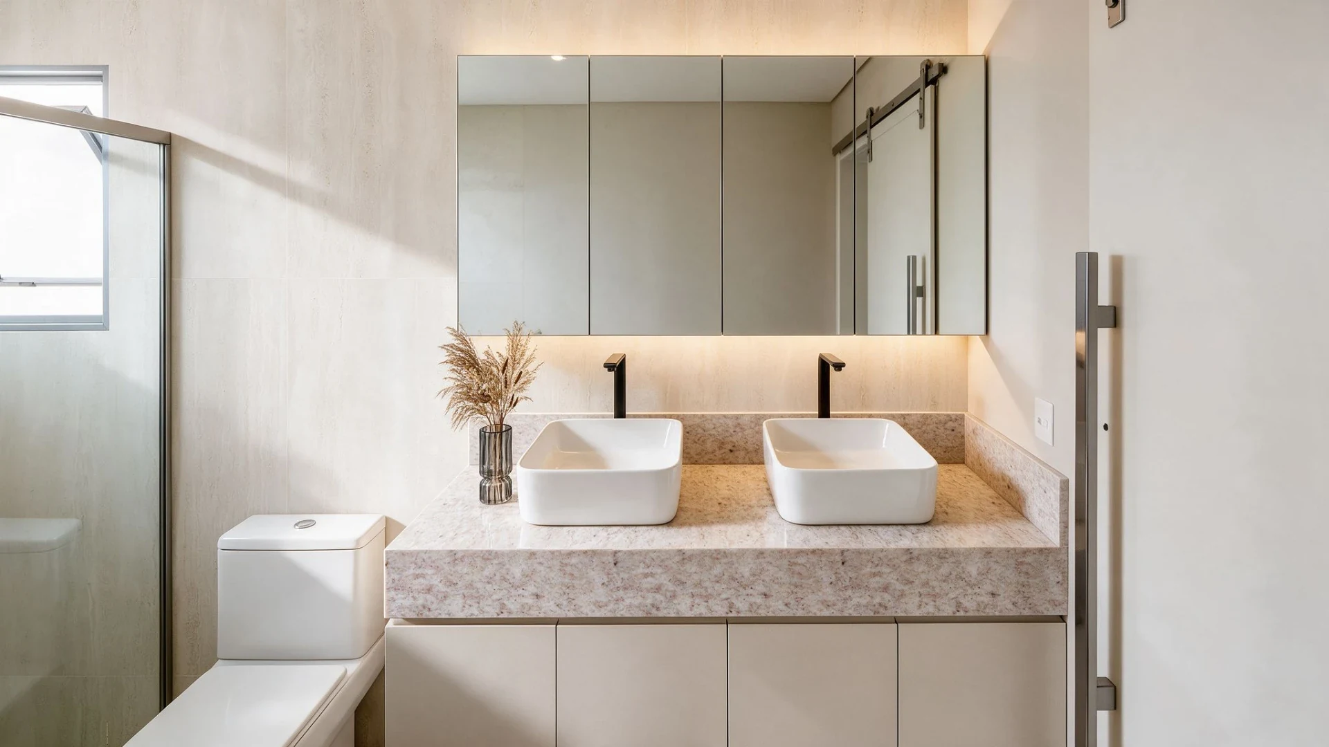 Casa Arezzo — Banheiro da suíte com duas cubas em Gran Park Toscana · Vespasiano
